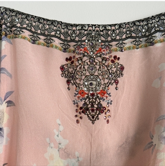 Camilla Multicolor Pink Floral Embellished Flutter Sleeve Open Shoulder Blouse - Picture 5 of 11